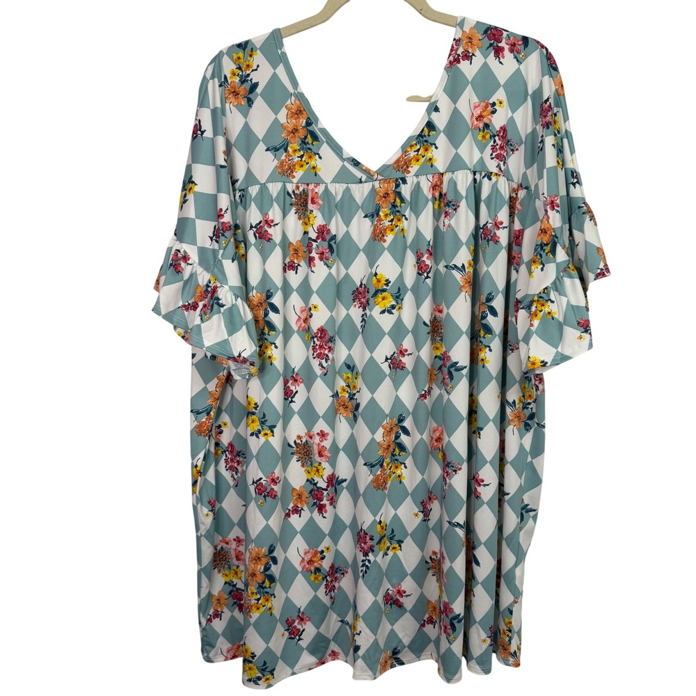 Curvy Lovey Womens 4X Teal Harlequin Floral Ruffle Sleeve Empire Waist Tunic Top